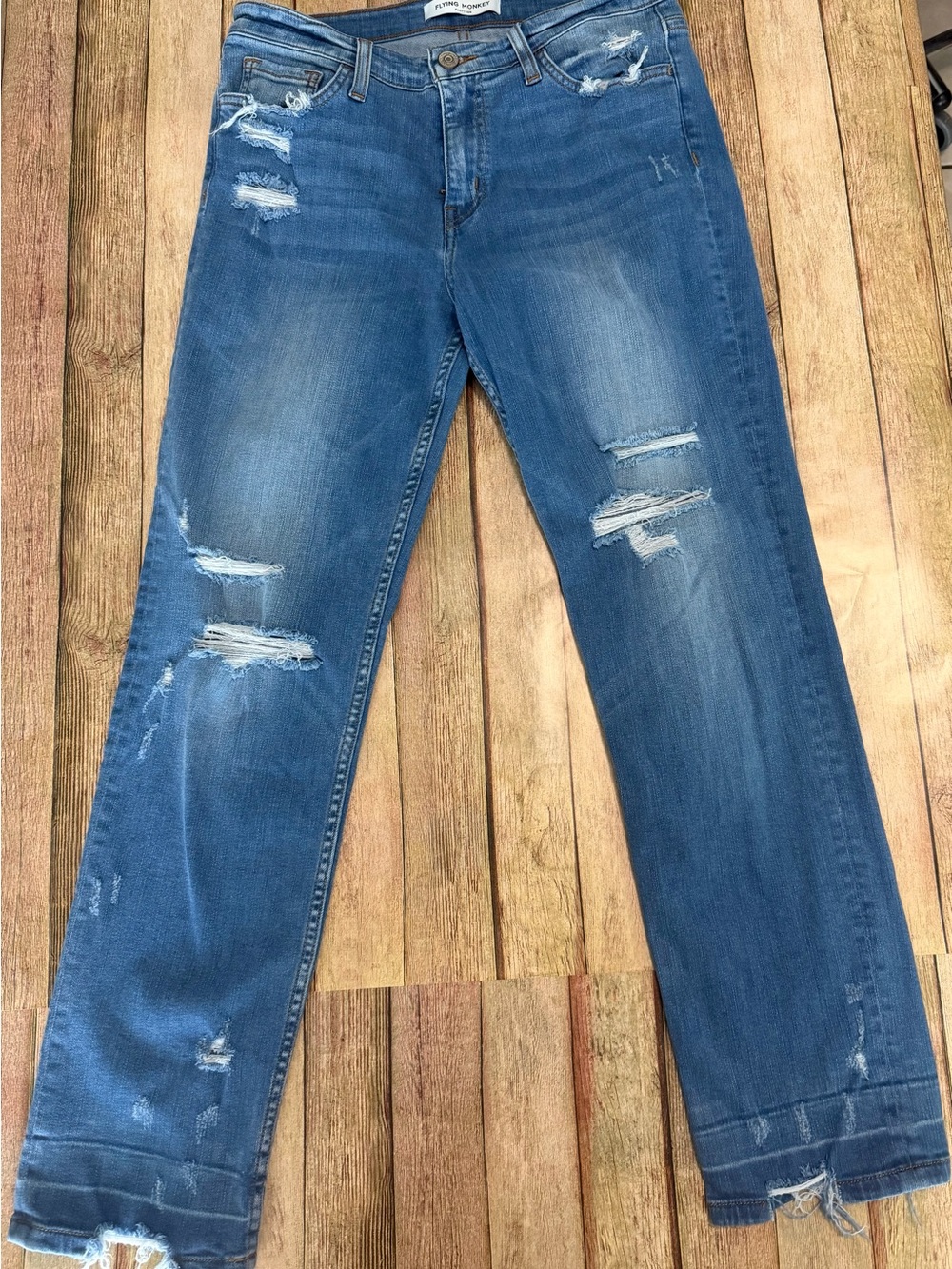 Flying Monkey Platinum Distressed Straight Leg Jeans - Medium Blue